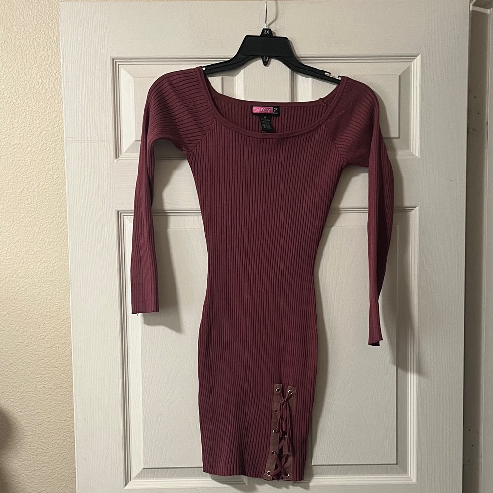 Say What? Long Sleeve Ribbed Dress in Burgundy
